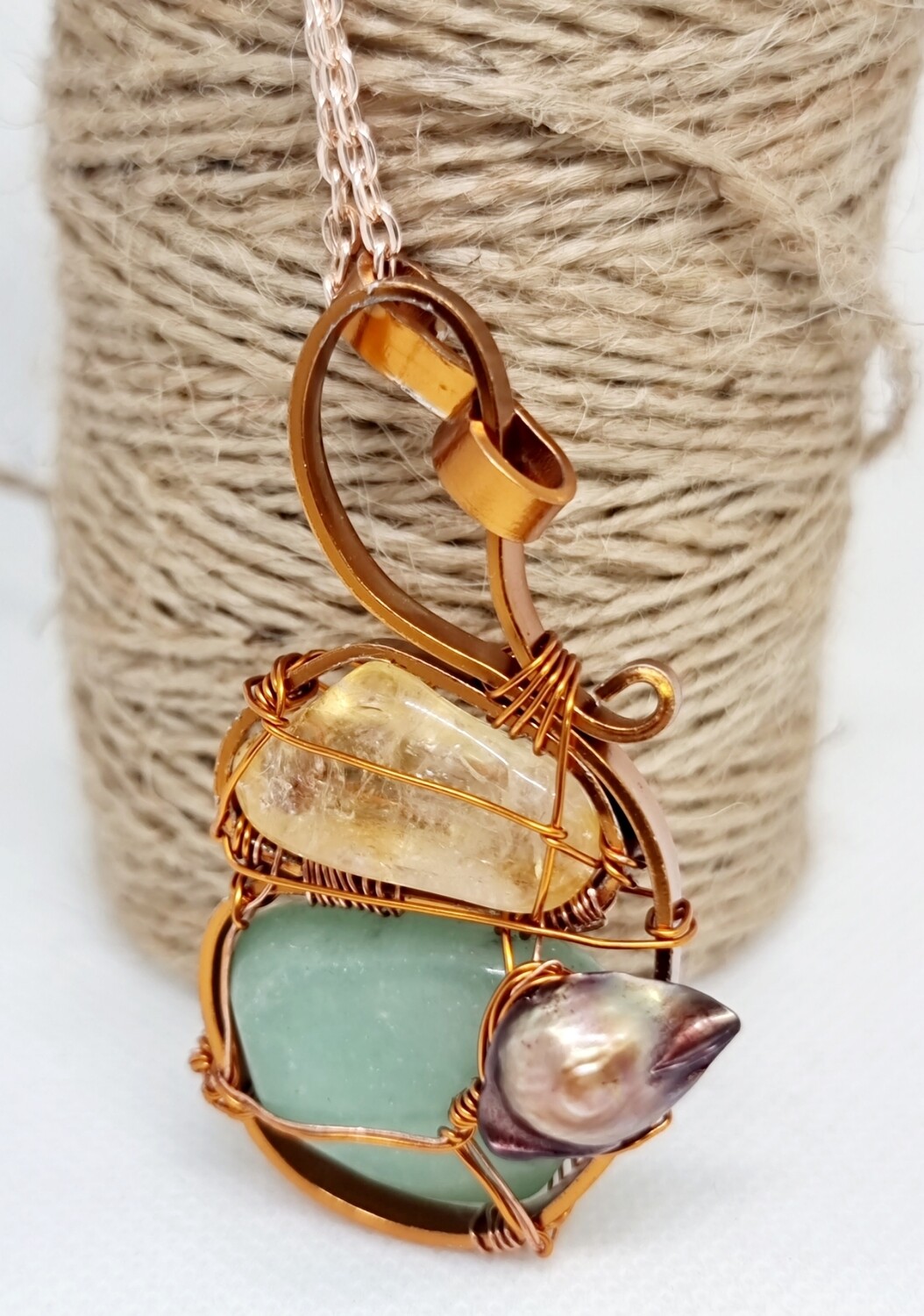 Citrine Green Aventurine Pearl wirewraped copper Pendant - Joy Happiness Aboundunce Fertility Balance