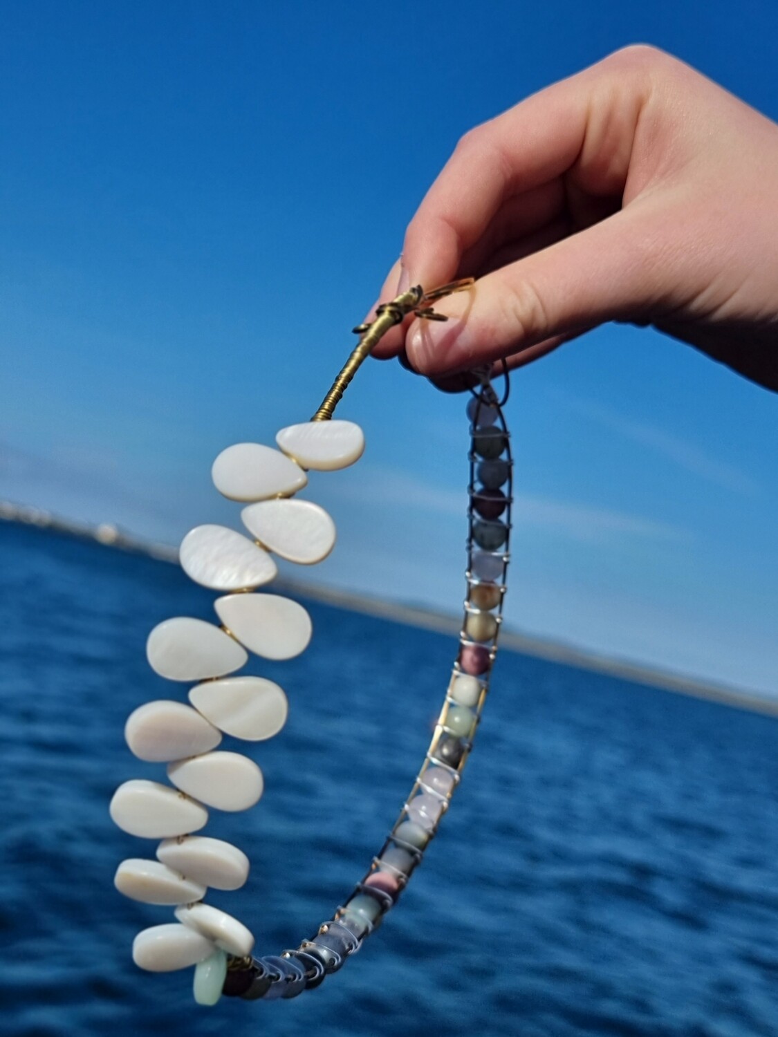 Choker Amazonite / Mother shell natural stone bead Necklace