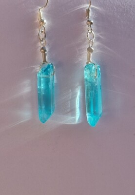 Blue Clear Quartz Raw Natural Crystal Silver Earrings 