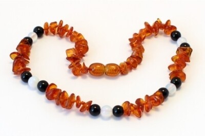 Baltic Amber Opalite &amp; Black Obsidian Choker/ Bead Necklace 32cm