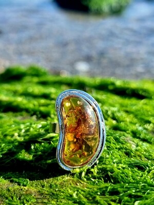 Amber Ring Silver Adjustable 