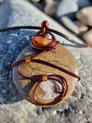 Goniatite/ Amber Fossil Pendant Necklace Wisdom &amp; Freedom 
