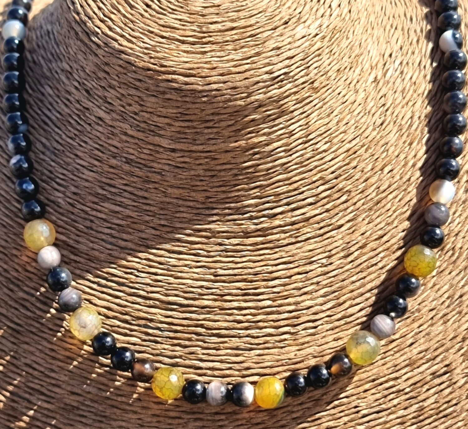 Peridot Black Onyx Lace Agate Crystal Bead Necklace 