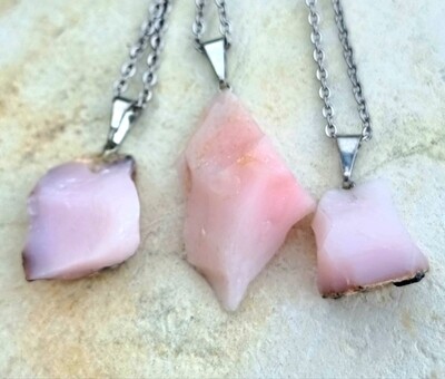 Pink Opal Rough Crystal Gemstone Pendant Necklace -  Emotional pain healing - Fears - Worries 