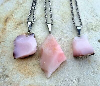 Pink Opal Rough Crystal Gemstone Pendant Necklace -  Emotional pain healing - Fears - Worries 