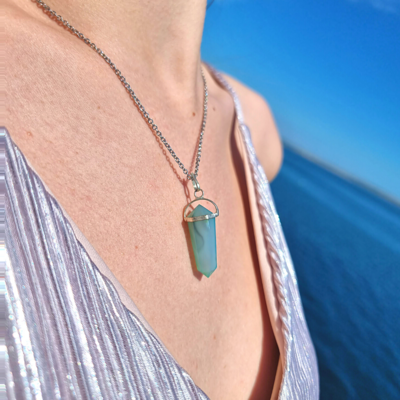 Blue Fluorite Heloxahon Crystal Point Pendant Necklace Silver 
