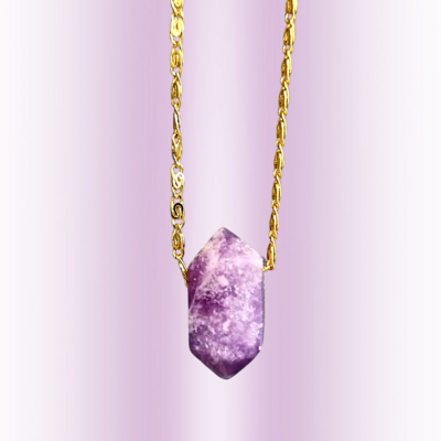 Lepidolite Crystal Quartz Pendant Amulet Sterling Silver/Gold Necklace - Peace - Emotional Balance - Health - Energy - Transition 18 K Gold