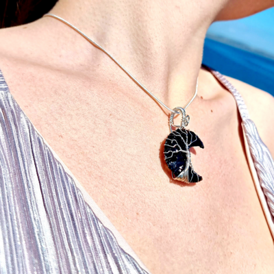 Black Obsidian Crystal Moon Pendant Necklace Raw Quartz Gemstone Chakra Wirewrapped Vintage Jewellery