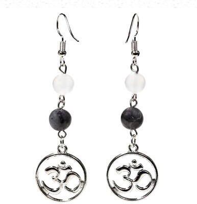 Earrings labradorite/white agate with ohm &quot;Release Control and Trust the Universe&quot;