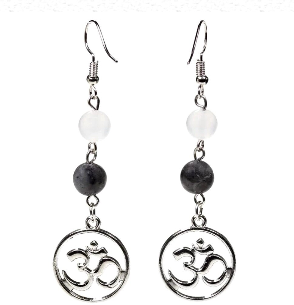 Earrings labradorite/white agate with ohm &quot;Release Control and Trust the Universe&quot;