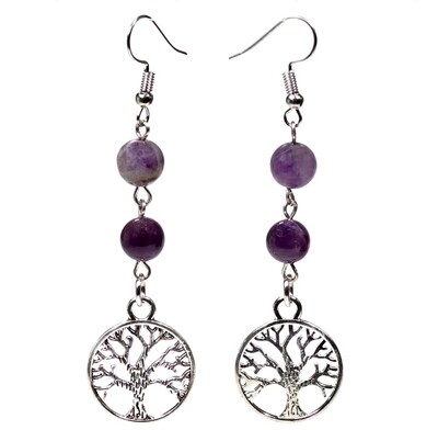 Earrings Fluorite Amethyst with Tree of Life 