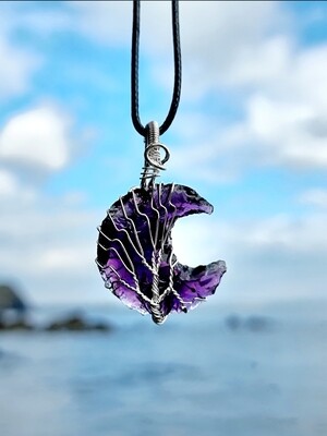 Amethyst Crystal Moon Purple Pendant &quot; I love you to the moon and back &quot; Necklace Healing  Raw Quartz Gemstone Tree of Life Wire 925 Silver Wrapped Crystal