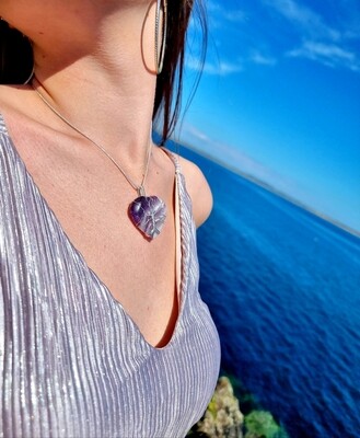 Chevron Amethyst Crystal Heart Pendant 925 Silver Necklace Tree of life Wirewrapped - Serenity - Awakening 