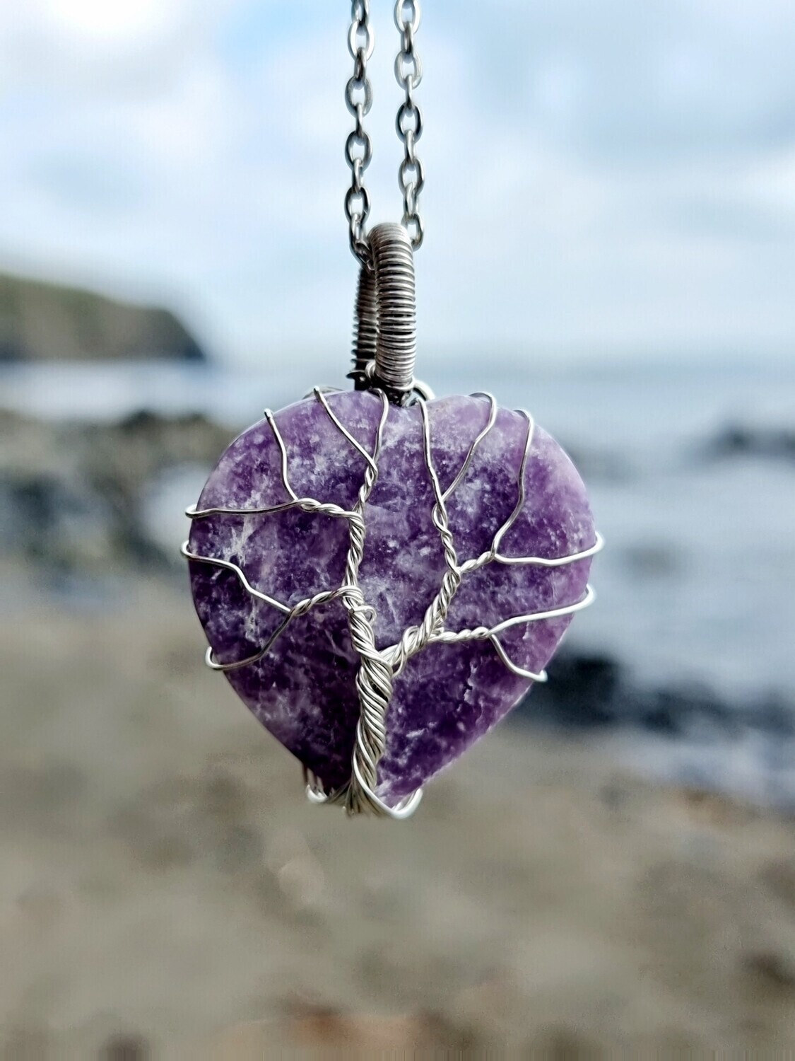 Amethyst Crystal Heart Pendant Necklace Tree of Life Wirewrapped