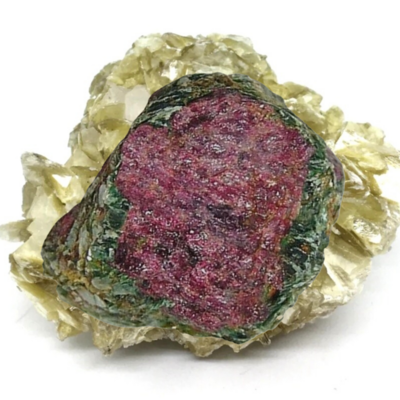 Rubyzoisite in Golden Mica Rough Crystal cut. Rare!