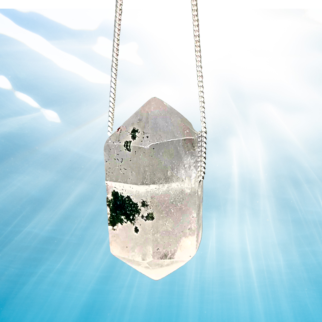 Himalayan Quartz with Chlorite Inclusions Pendant Amulet 925 Sterling Silver/Gold Necklace - Peace Light - Energy - Awakening - Clarity 
