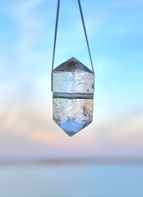 Clear Rock Quartz Crystal Pendant Amulet Sterling Silver/Gold Necklace - Peace- Light - Energy - Clarity.