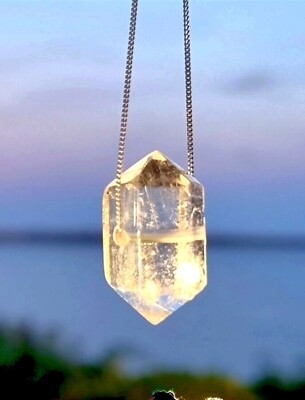 Clear Rock Quartz with white quartz infusions Crystal Pendant Amulet Sterling Silver/Gold Necklace - Peace Light - Energy - Awakening - Clarity 