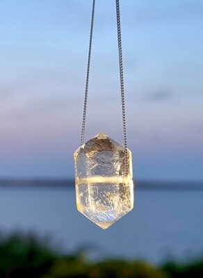 Clear Rock Quartz Crystal Pendant Amulet Sterling Silver/Gold Necklace - Peace- Light - Energy - Clarity.