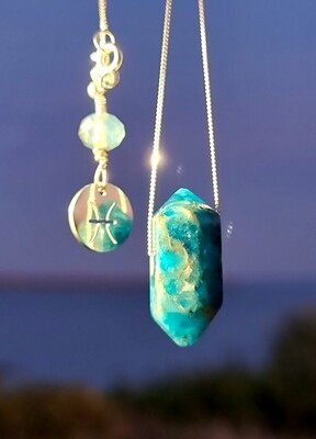 Apatite Crystal Necklace Teal Blue Point Gemstone Pisces Zodiac Sign Amulet Pendant 925 Sterling Silver 