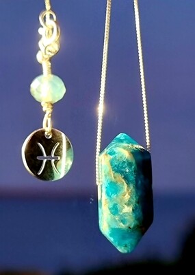 Apatite Crystal Necklace Teal Blue Point Gemstone Pisces Zodiac Sign Amulet Pendant 925 Sterling Silver 