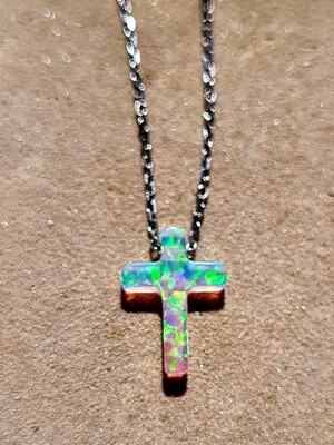 Ethiopian Opal Cross Crystal Hand-carved Dainty Pendant pure 925 Sterling Silver