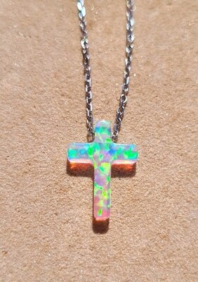 Ethiopian Opal Cross Crystal Hand-carved Dainty Pendant pure 925 Sterling Silver 