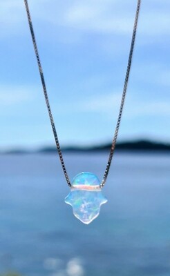 Real Ethiopian Opal Healing Hamsa Hand Crystal Hand-carved Dainty Pendant pure 925 Sterling Silver 