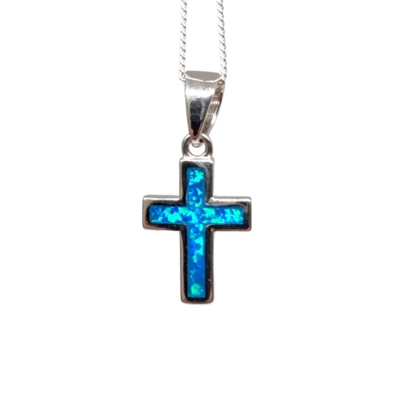 Fire Blue Ethiopian Opal Cross Natural Stone Pendant 925 Sterling Silver ±15mm