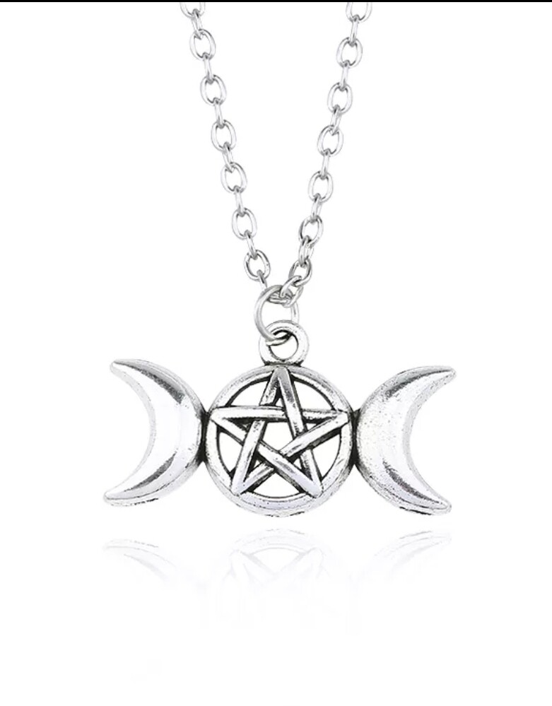 Triple Moon Goddess Pentacle Necklace Antique Silver 