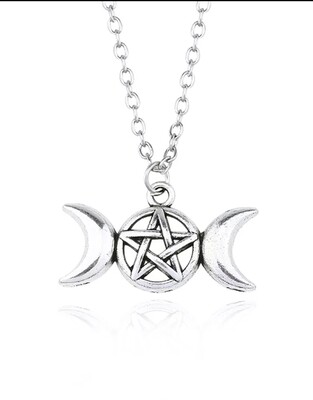 Triple Moon Goddess Pentacle Necklace Antique Silver 