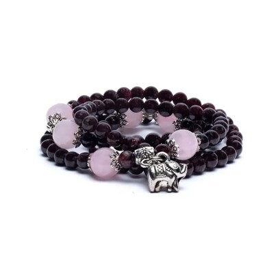Garnet Rose Quartz Crystal Bead Necklace Mala | Choker | Bracelet with Garnish Wine Red elastic 