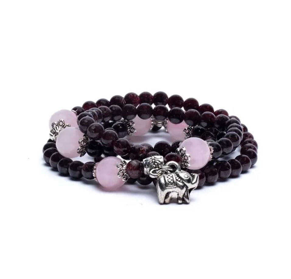 Garnet Rose Quartz Crystal Bead Necklace Mala | Choker | Bracelet with Garnish Wine Red elastic 