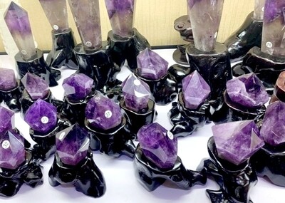 Amethyst Crystal Point Master Healing Wand Faceted Prism Tower with Wood Base.