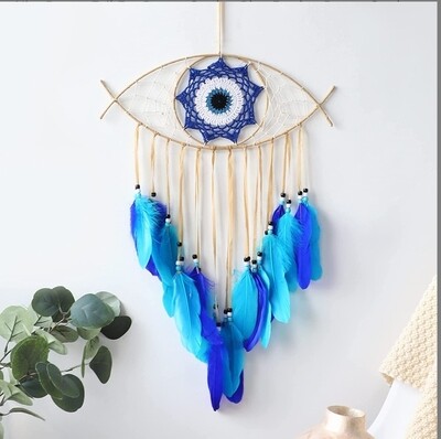 DREAMCATCHER EVIL EYE BLUE CREAM FEATHER ORNAMENT 