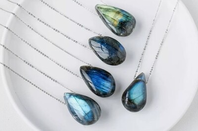 Labradorite Crystal Drop Silver Pendant Necklace  