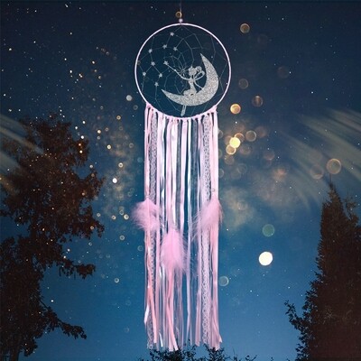Fairy on the Moon Dreamcatcher Pink Wall Hanging Decoration 