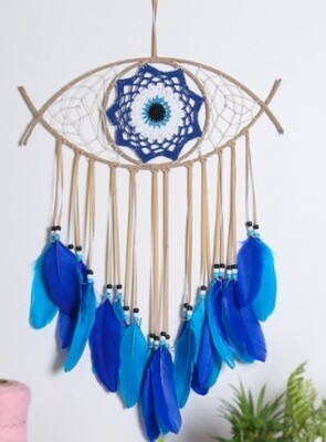 DREAMCATCHER EVIL EYE BLUE CREAM FEATHER ORNAMENT 