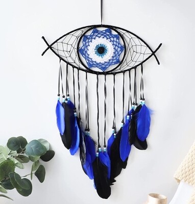 Dreamcatcher Evil Eye  Black / Blue  Feather Large