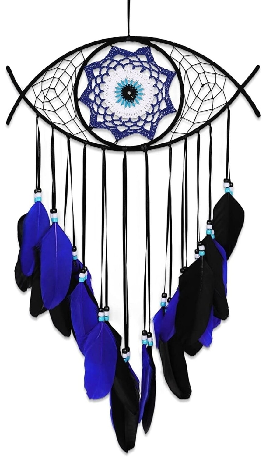 Dreamcatcher Evil Eye  Black / Blue  Feather Large
