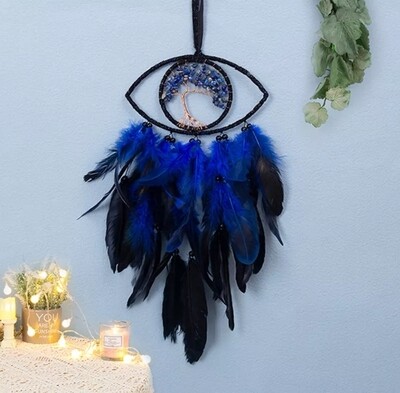 DREAM CATCHER TREE OF LIFE GENUINE CRYSTAL LAPIS LAZULI GEMSTONE BLACK BLUE FEATHER LUXURY EVIL EYE 