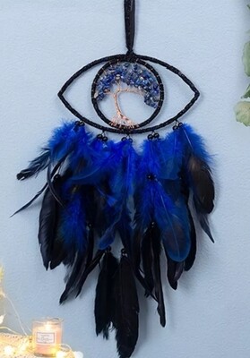 DREAM CATCHER TREE OF LIFE GENUINE CRYSTAL LAPIS LAZULI GEMSTONE BLACK BLUE FEATHER LUXURY EVIL EYE 
