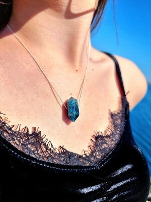 Apatite Crystal Point Gemstone&quot;Untethered Soul&quot; Amulet  Pendant Necklace  Personal Growth 925 Pure Sterling Silver 18&quot; 1.5mm chain