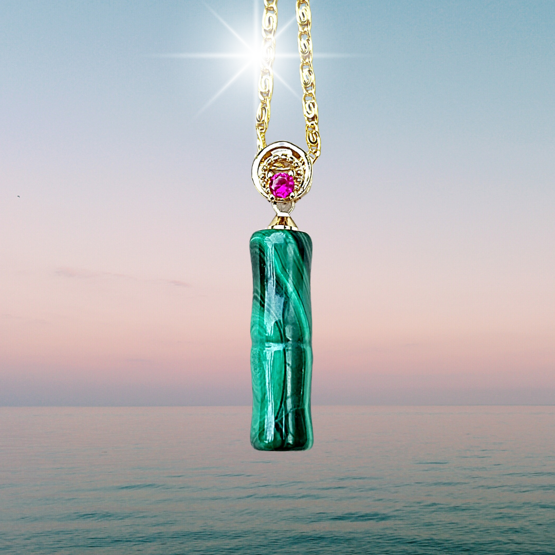 Malachite and Ruby Crystal Green Amulet Necklace 