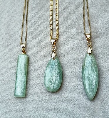 Green Kyanite Crystal " Soul & Spirit" Gold Amulet Pendant Necklace