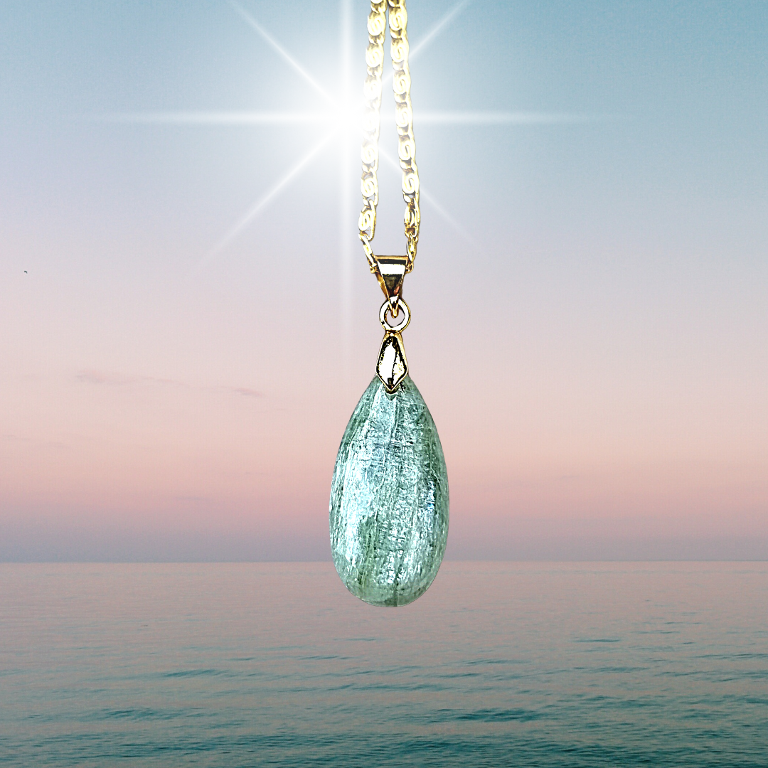 Green Kyanite Crystal &quot; Soul &amp; Spirit&quot; Gold Amulet Pendant Necklace 