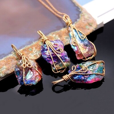ANGEL AURA CRYSTAL QUARTZ CHAKRA MULTICOLOUR  NECKLACE WIRE-WRAPPED PENDANT 