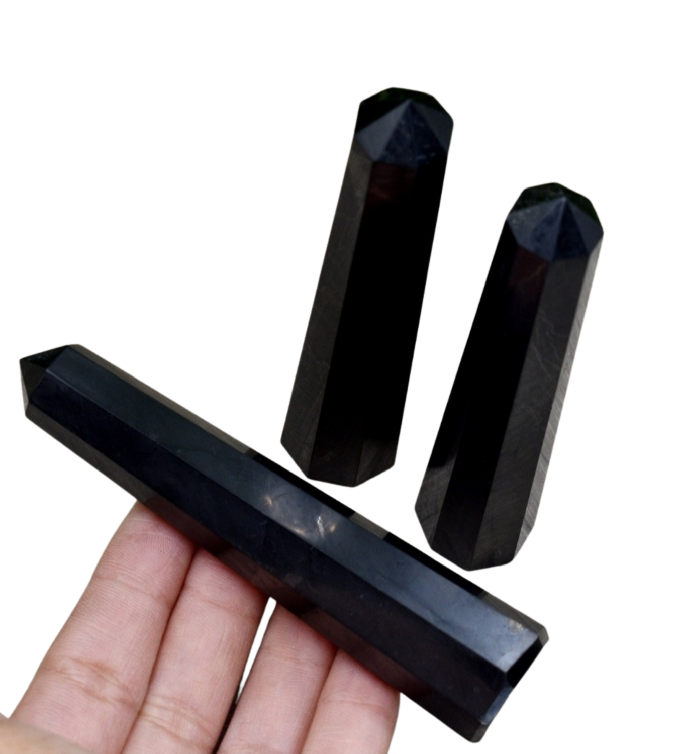 Shungite Black Tower Obelisk Healing Crystal Wand Point Faceted Prism Heloxahon for Reiki Meditation Therapy