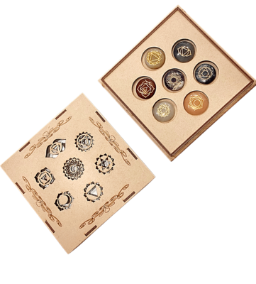 Chakra Set ~ Chakra Crystal Gift Box 7 Symbols Round Crystals Wooden Kit