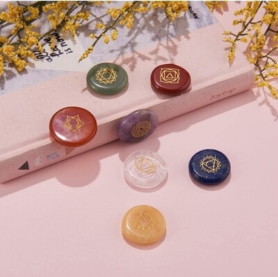Chakra Set ~ Chakra Crystal Gift Box 7 Symbols Round Crystals Wooden Kit